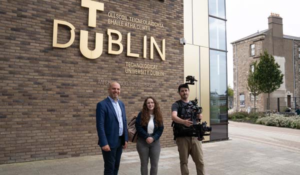 Filming the new TU Dublin brand campaign at Grangegorman were TU Dublin Head of Communications & Marketing Mark Henry, recent TU Dublin graduate Sarah Mooney who stars in the campaign, and Director of Photography Joseph Ingersoll.